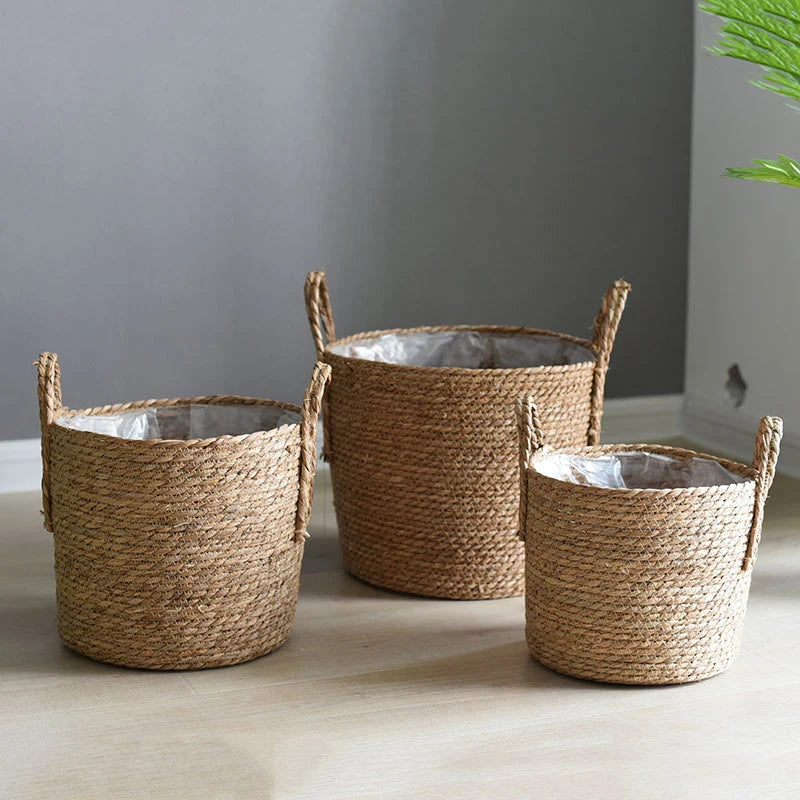 1 maceta nórdica hecha a mano de paja tejida para flores, cesta para ropa sucia, para guardar ropa, macetas verdes para jardín, soportes para flores