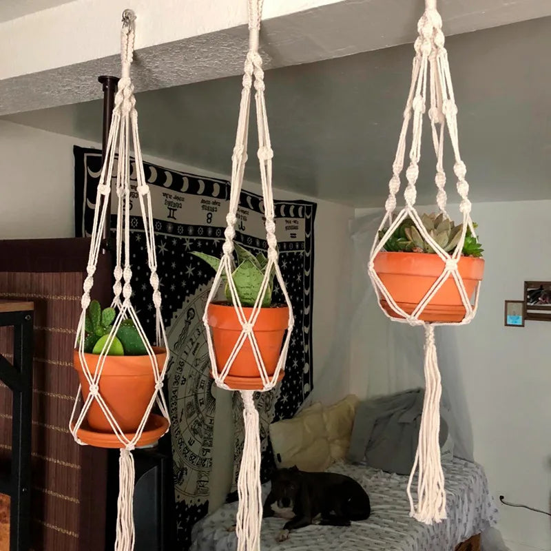 Cestas colgantes de macramé hechas a mano para macetas, soporte para macetas, decoración colgante para balcón, cuerda de elevación anudada, suministros para el hogar y el jardín. 