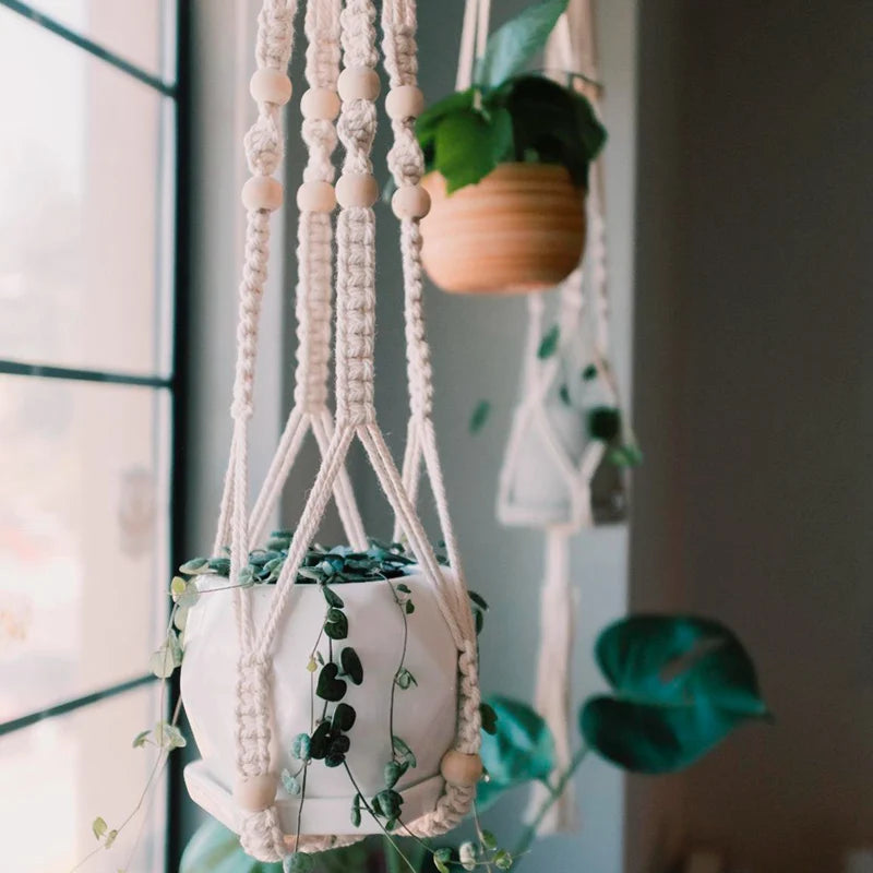 Cestas colgantes de macramé hechas a mano para macetas, soporte para macetas, decoración colgante para balcón, cuerda de elevación anudada, suministros para el hogar y el jardín. 