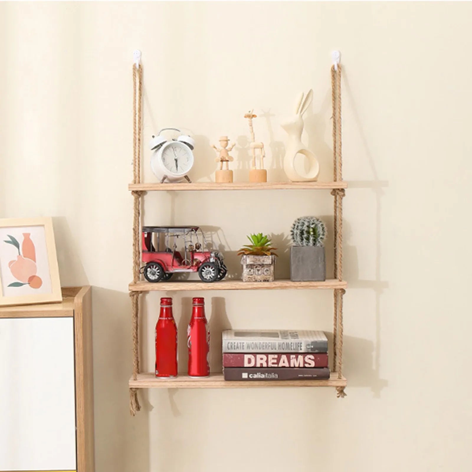 Estantes flotantes de madera para pared, plantas, flores, columpio de madera, cuerda colgante, almacenamiento, decoración para el hogar y la sala de estar, 1, 2 o 3 niveles