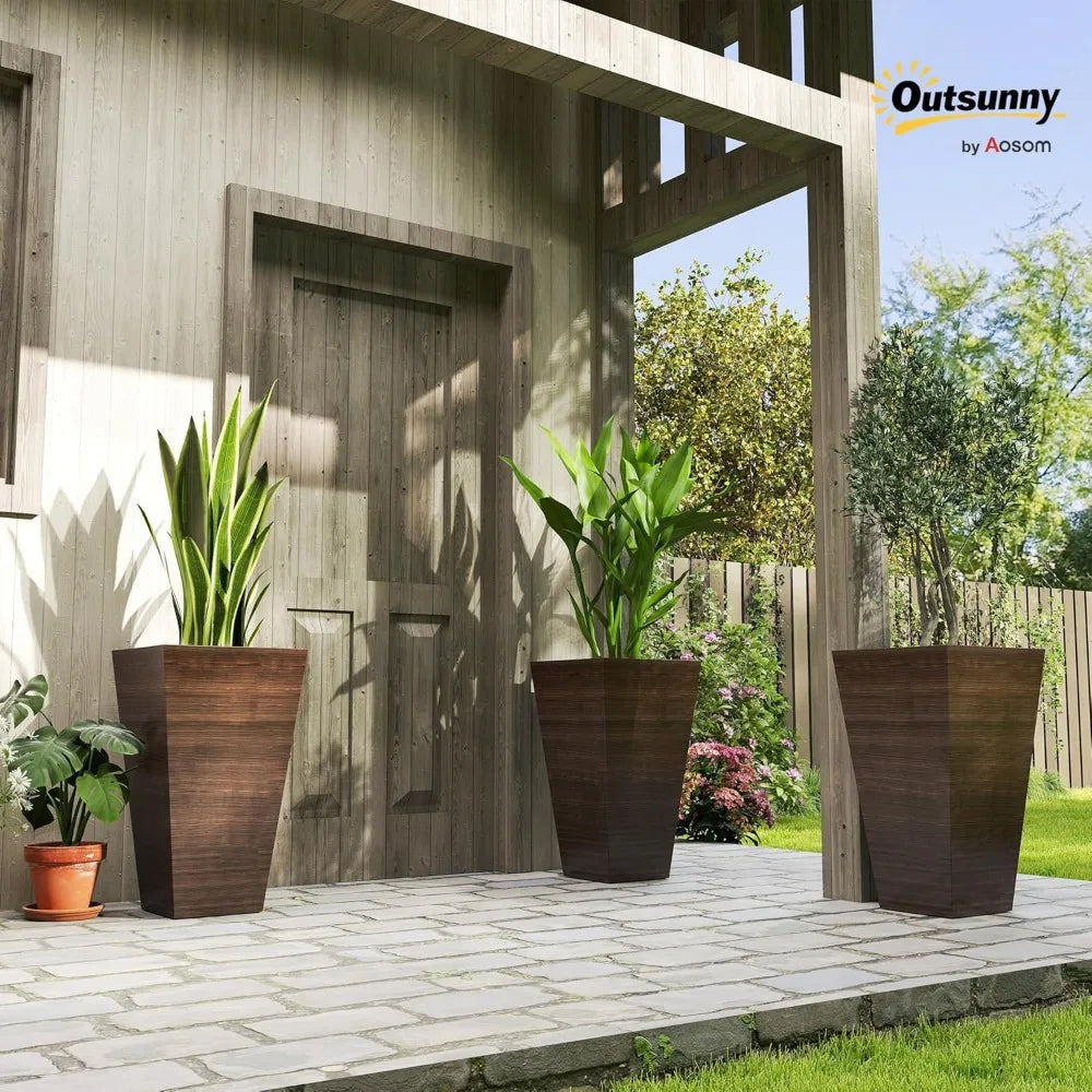 Outsunny - Juego de 3 maceteros altos para plantas de exterior, de 71 cm de diámetro y con orificios de drenaje, con decoración de veta de madera