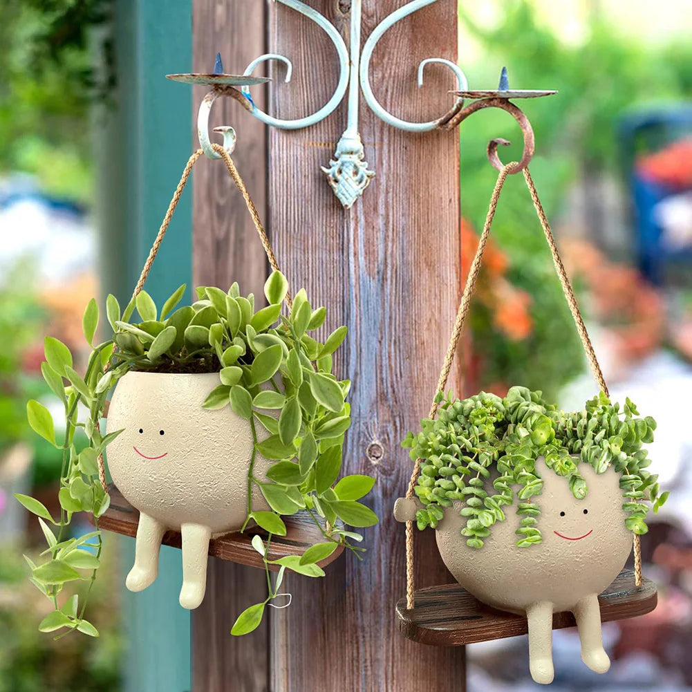 Maceta de pared con forma de cara sonriente, de resina, creativa, para colgar en la pared, accesorios de jardín 