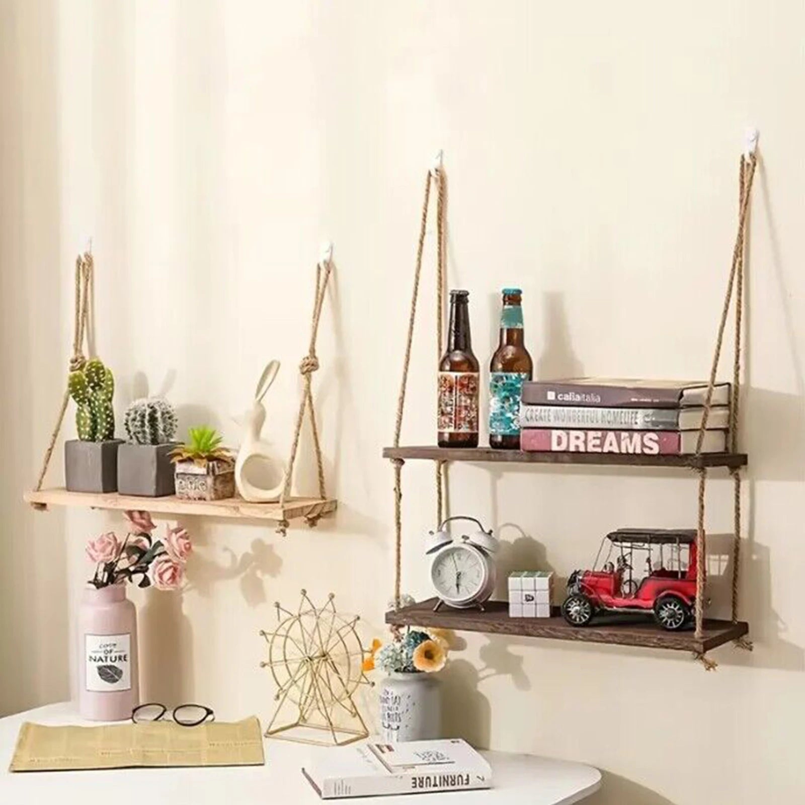 Estantes flotantes de madera para pared, plantas, flores, columpio de madera, cuerda colgante, almacenamiento, decoración para el hogar y la sala de estar, 1, 2 o 3 niveles