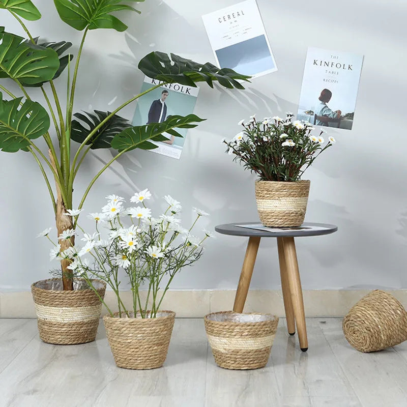 Maceta tejida de paja para plantas, cesta para macetas, cesta para macetas de interior y exterior, contenedor para plantas plantables 
