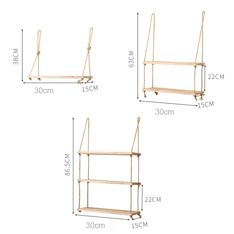 Estantes flotantes de madera para pared, plantas, flores, columpio de madera, cuerda colgante, almacenamiento, decoración para el hogar y la sala de estar, 1, 2 o 3 niveles