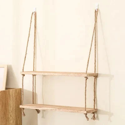 Estantes flotantes de madera para pared, plantas, flores, columpio de madera, cuerda colgante, almacenamiento, decoración para el hogar y la sala de estar, 1, 2 o 3 niveles