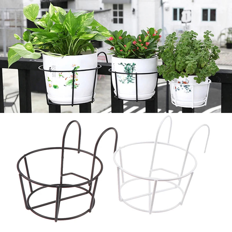 Estantes de hierro para plantas colgantes de jardín, balcones, macetas redondas, barandilla, valla 