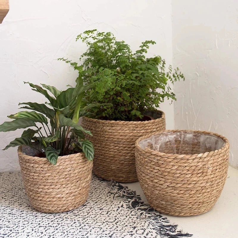 Maceta tejida de paja para plantas, cesta para macetas, cesta para macetas de interior y exterior, contenedor para plantas plantables 
