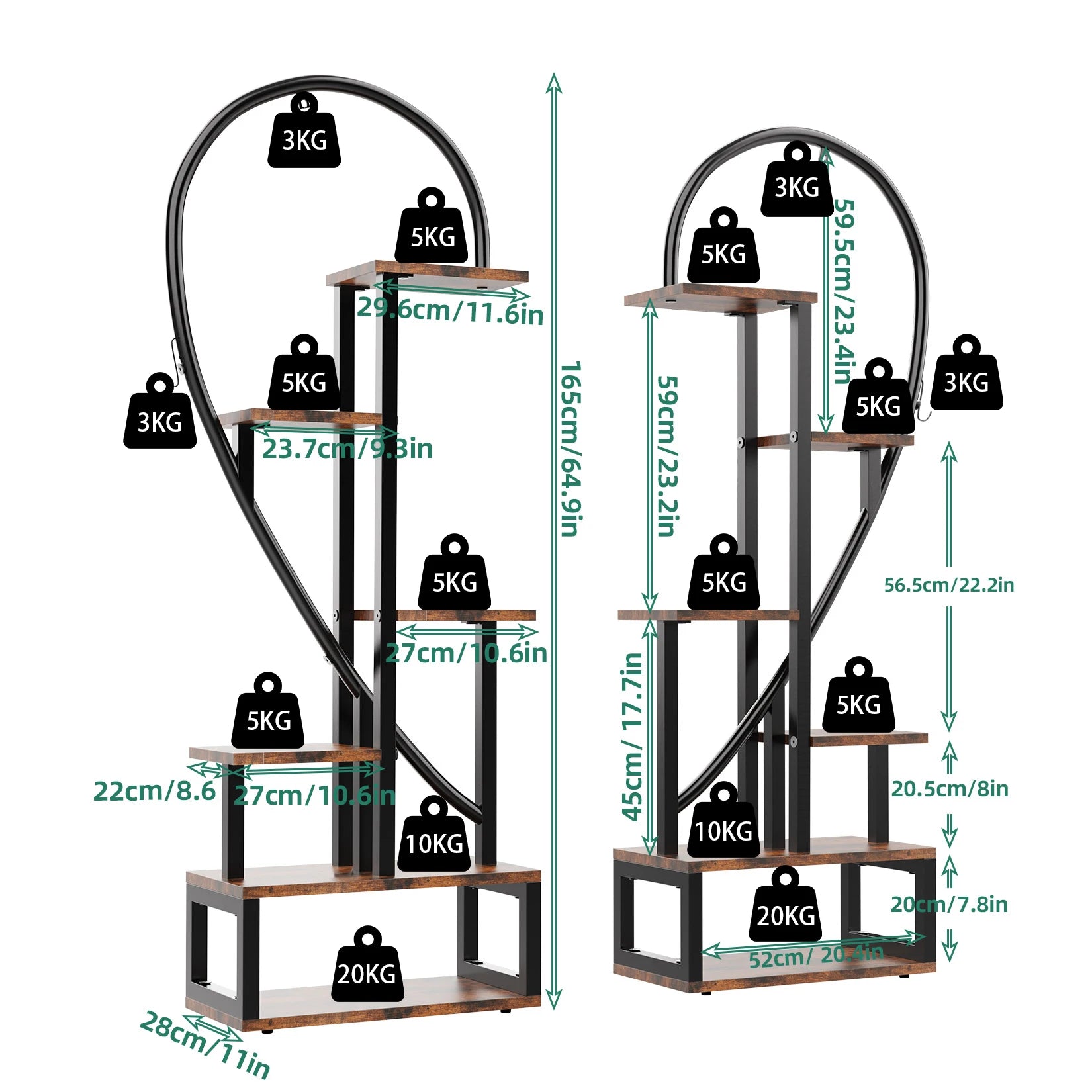 Estante de exhibición para plantas y flores de 6 niveles, de madera y metal, con forma de corazón, para jardín, balcón y sala de estar.