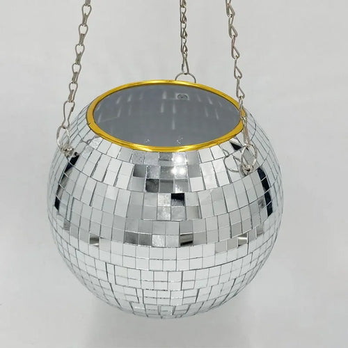 Maceta colgante redonda creativa con forma de bola de discoteca, de plástico, con espejo de cristal, para plantas suculentas, color plateado