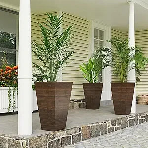 Outsunny - Juego de 3 maceteros altos para plantas de exterior, de 71 cm de diámetro y con orificios de drenaje, con decoración de veta de madera