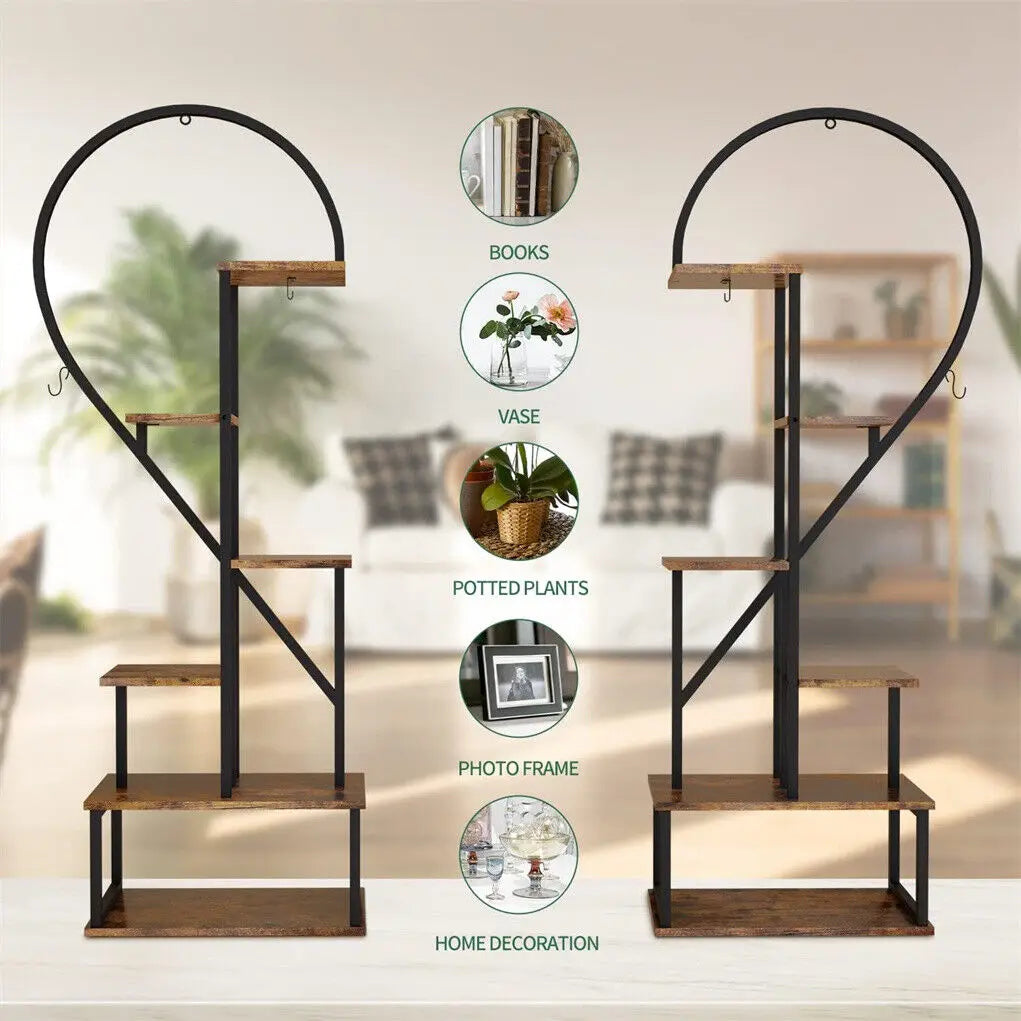Estante de exhibición para plantas y flores de 6 niveles, de madera y metal, con forma de corazón, para jardín, balcón y sala de estar.