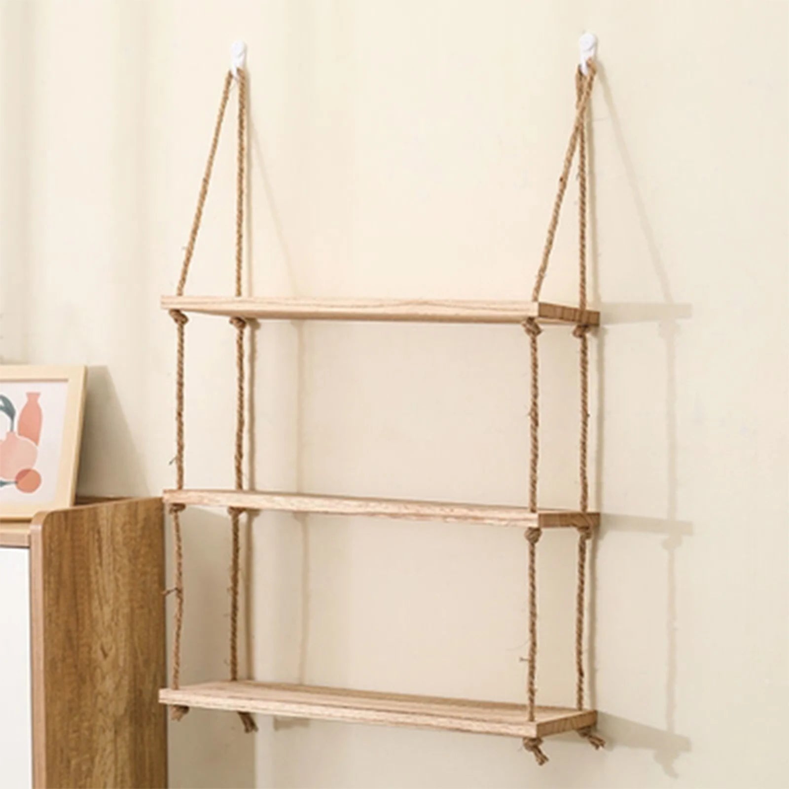 Estantes flotantes de madera para pared, plantas, flores, columpio de madera, cuerda colgante, almacenamiento, decoración para el hogar y la sala de estar, 1, 2 o 3 niveles