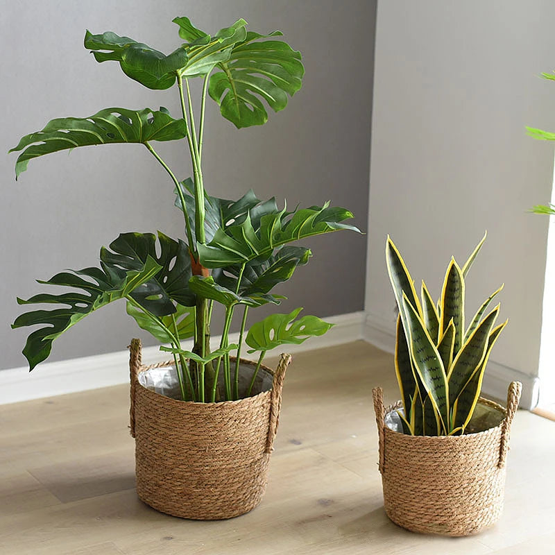 1 maceta nórdica hecha a mano de paja tejida para flores, cesta para ropa sucia, para guardar ropa, macetas verdes para jardín, soportes para flores