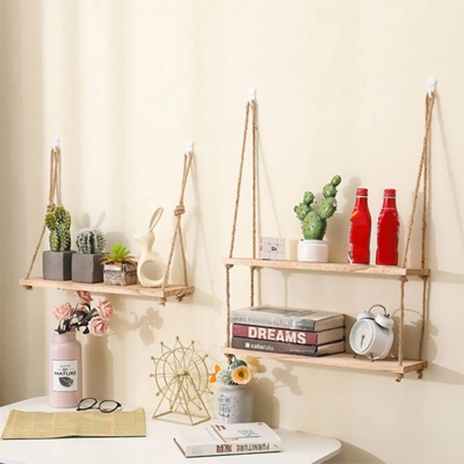 Estantes flotantes de madera para pared, plantas, flores, columpio de madera, cuerda colgante, almacenamiento, decoración para el hogar y la sala de estar, 1, 2 o 3 niveles