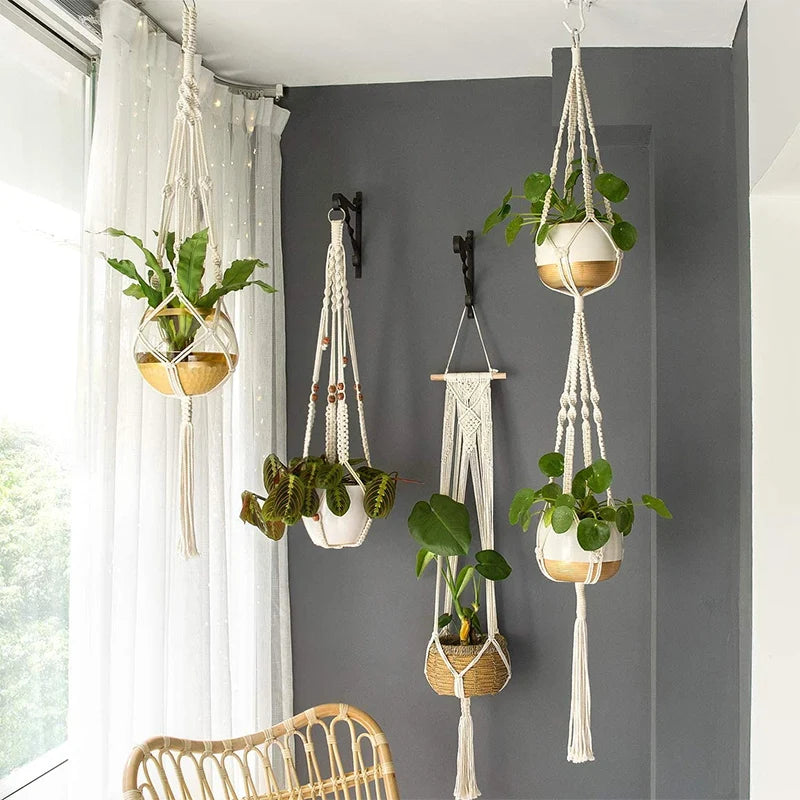 Cestas colgantes de macramé hechas a mano para macetas, soporte para macetas, decoración colgante para balcón, cuerda de elevación anudada, suministros para el hogar y el jardín. 