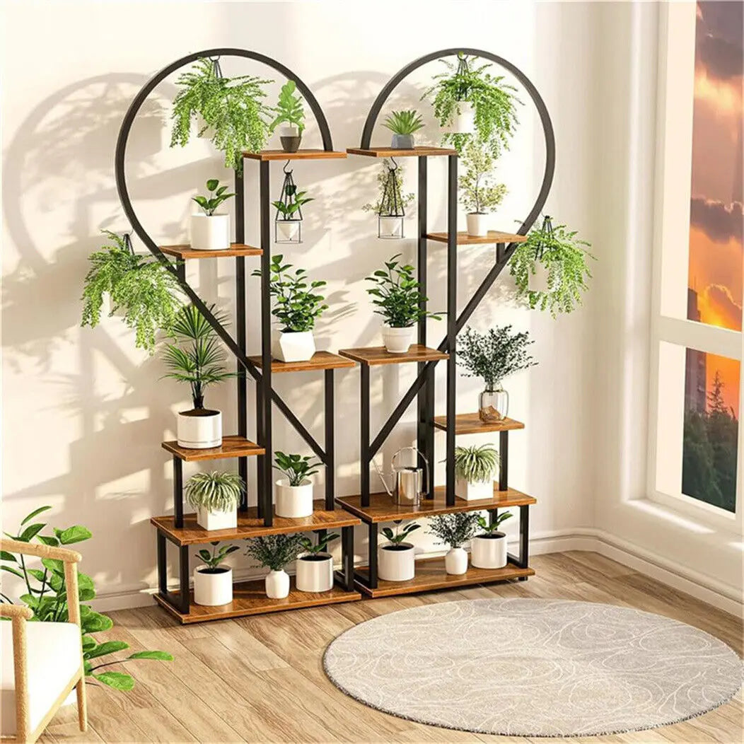 Estante de exhibición para plantas y flores de 6 niveles, de madera y metal, con forma de corazón, para jardín, balcón y sala de estar.