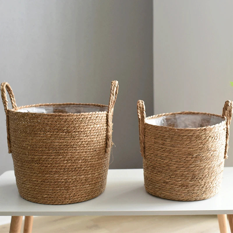 1 maceta nórdica hecha a mano de paja tejida para flores, cesta para ropa sucia, para guardar ropa, macetas verdes para jardín, soportes para flores