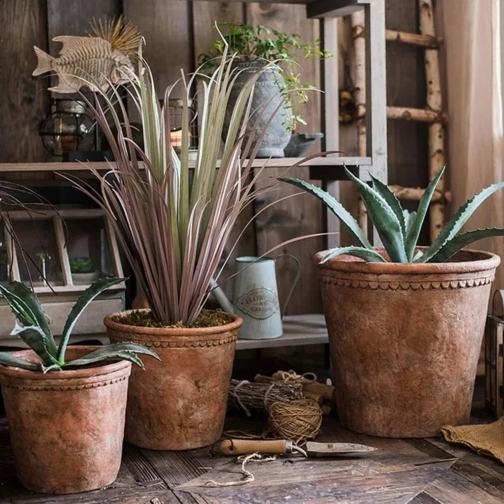 Macetas grandes de terracota de cemento y gres retro de estilo europeo para jardín al aire libre, cilíndricas, para bonsáis y jardín.