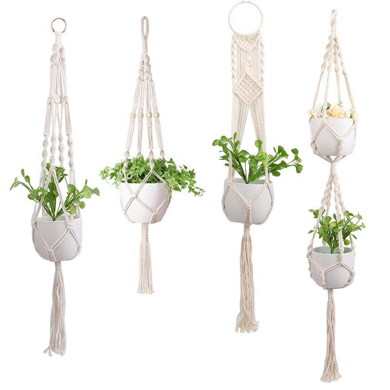 Cestas colgantes de macramé hechas a mano para macetas, soporte para macetas, decoración colgante para balcón, cuerda de elevación anudada, suministros para el hogar y el jardín. 