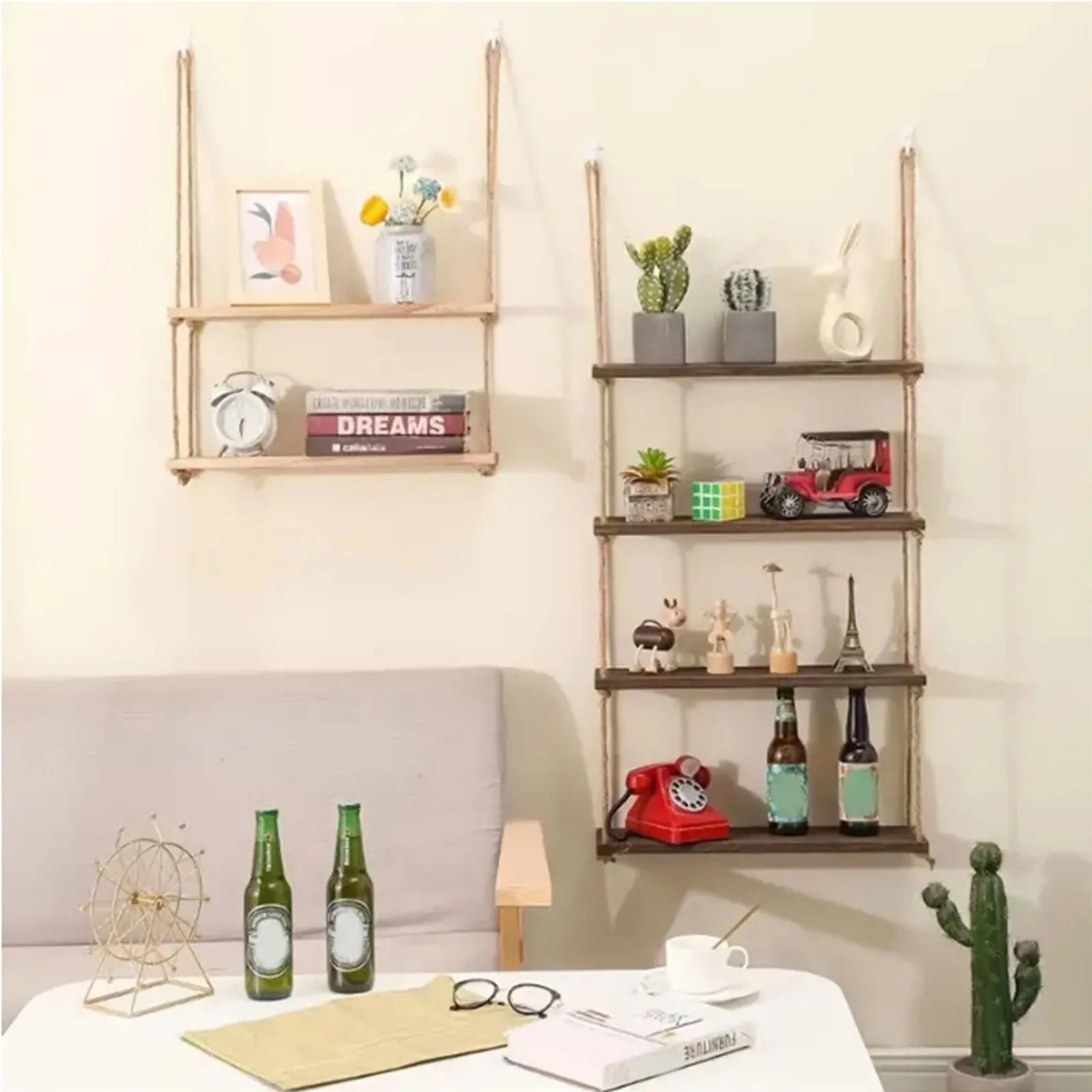 Estantes flotantes de madera para pared, plantas, flores, columpio de madera, cuerda colgante, almacenamiento, decoración para el hogar y la sala de estar, 1, 2 o 3 niveles